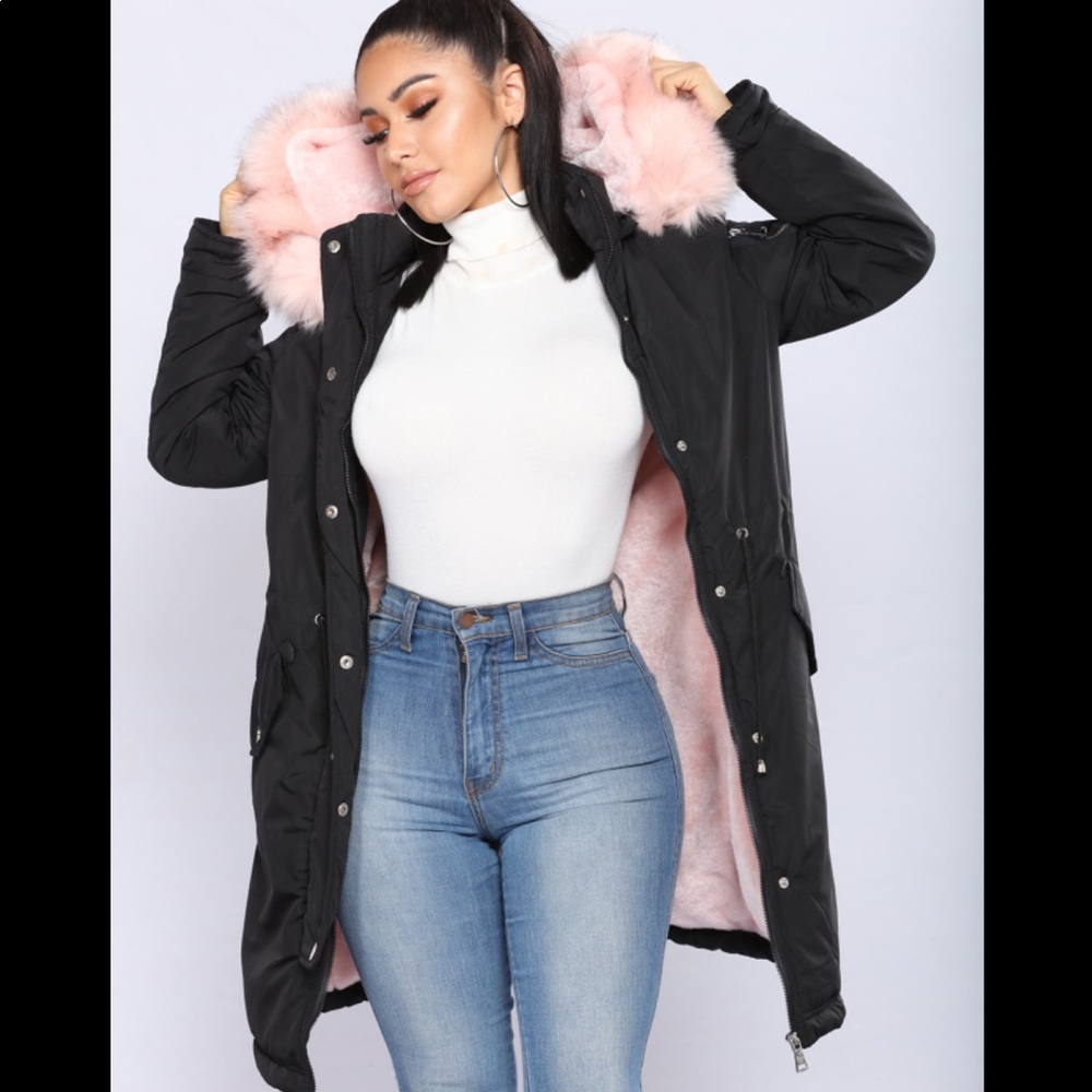 Small pink and black faux fur lined jacket coat